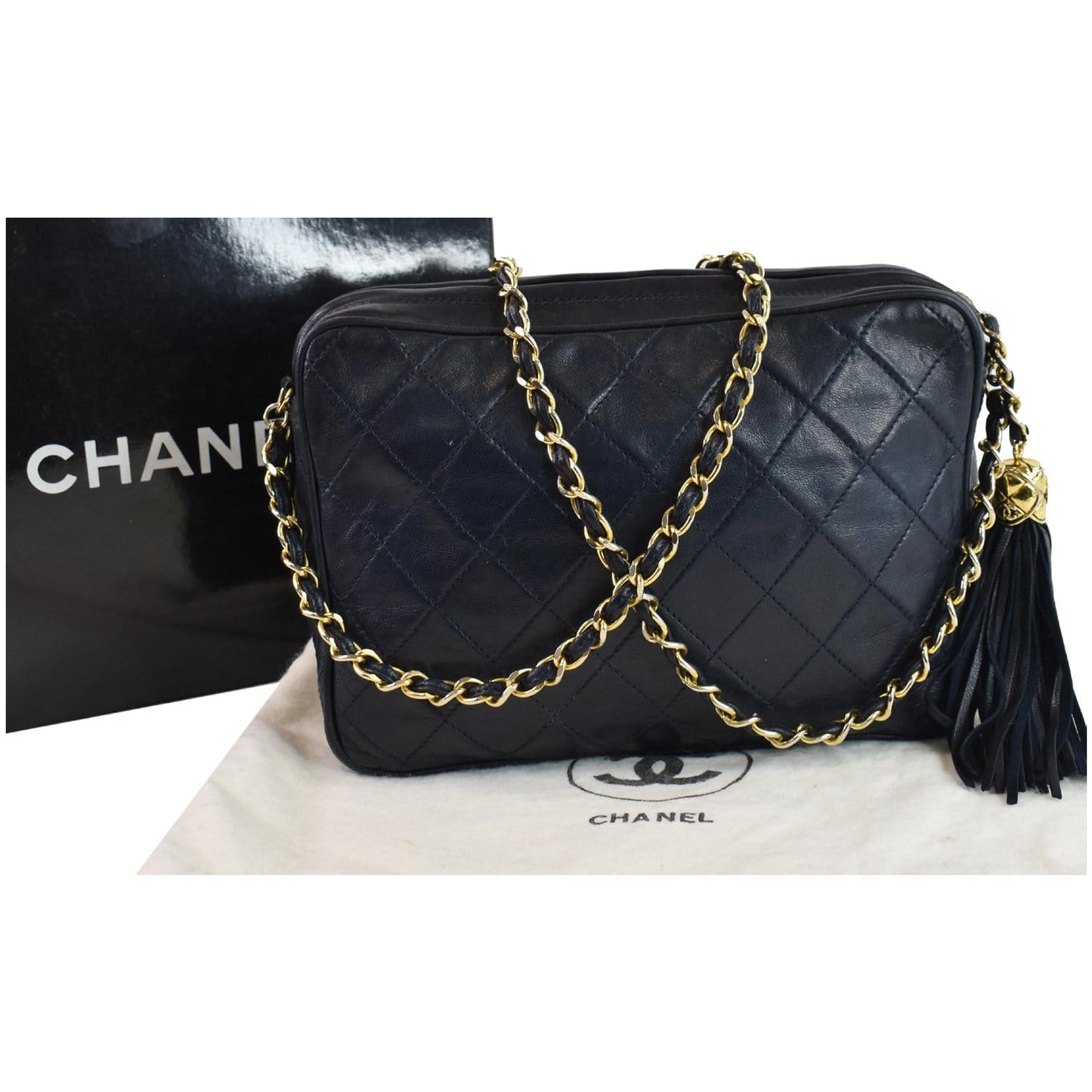 CHANEL Vintage Front Pocket Lambskin Leather Camera Bag Blue
