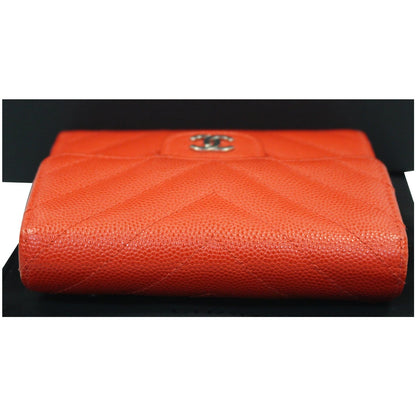 CHANEL Small Chevron Quilted Caviar Compact Flap Wallet Red