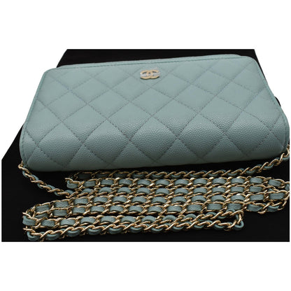 CHANEL CC WOC Caviar Leather Wallet On Chain Shoulder Bag Light Blue