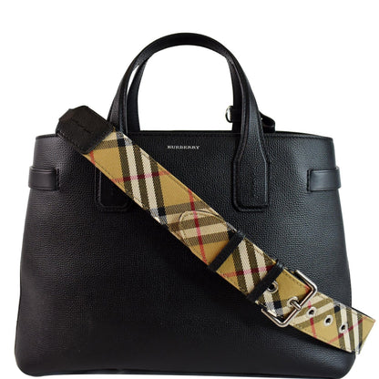 BURBERRY Medium Banner Derby Leather Tote Shoulder Bag Black