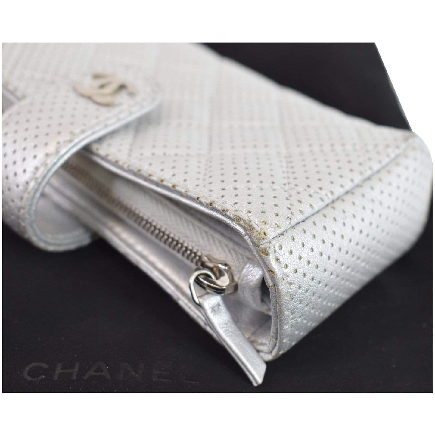 CHANEL Perforated Lambskin Quilted Mini Phone Holder Clutch Silver - Last Call