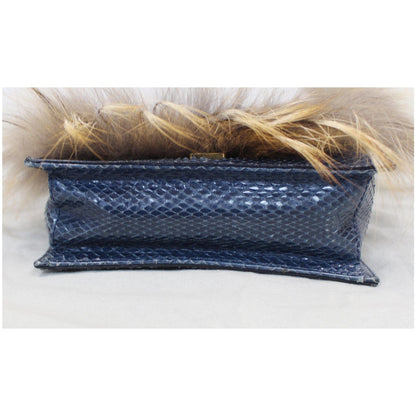 FENDI Daisy Beaded Snakeskin Fox Fur Trim Crossbody Clutch Bag Blue - Final Sale