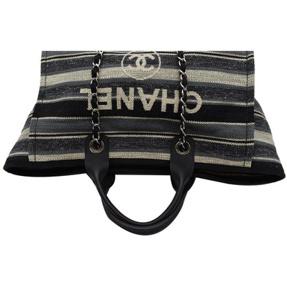 CHANEL Deauville Medium Striped Tweed Canvas Tote Bag Black/Grey