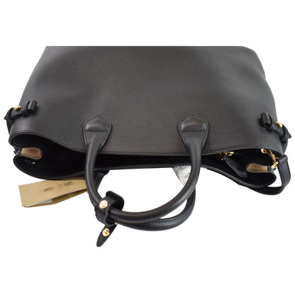 BURBERRY Large Banner House Check Leather  Tote Shoulder Bag Black