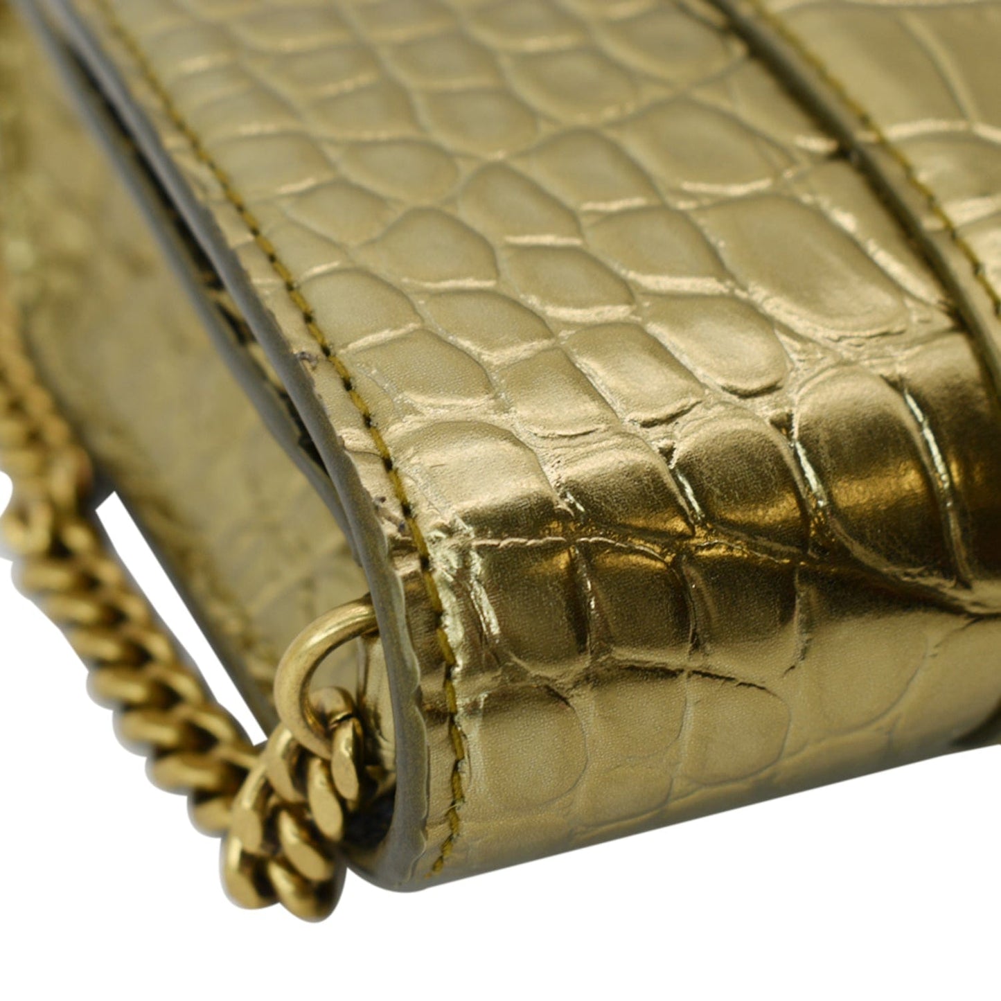 BALENCIAGA Hourglass Metallized Crocodile Embossed Wallet on Chain Crossbody Bag Gold