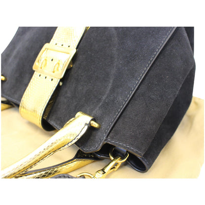 BURBERRY The Medium Buckle Suede and Snakeskin Tote Shoulder Bag Black - 20% OFF