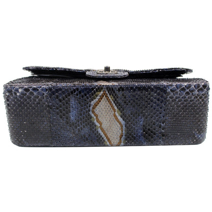 CHANEL Timeless Classic Double Flap Python Shoulder Bag Navy Blue