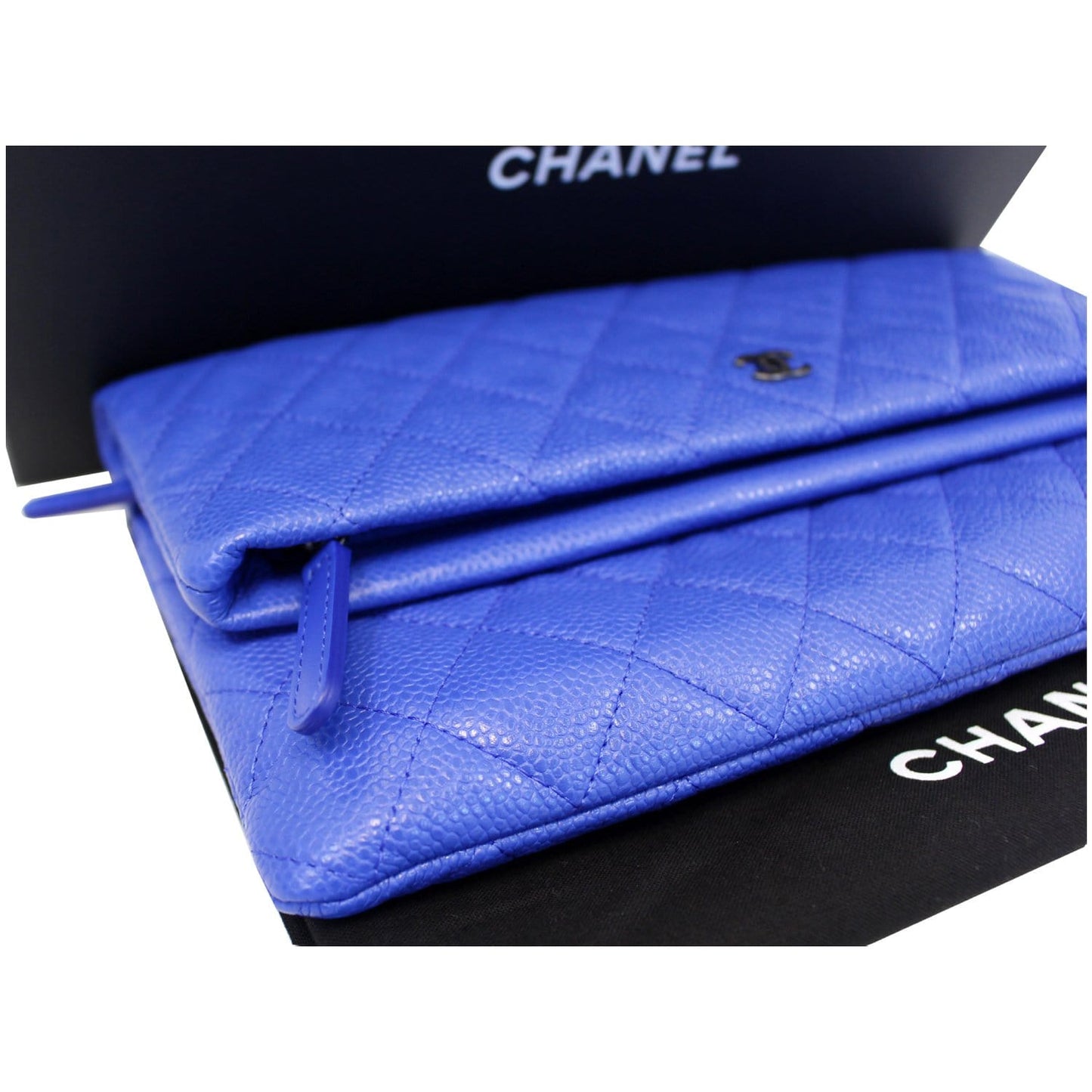 CHANEL Foldover Quilted Caviar Leather Clutch Bag Blue