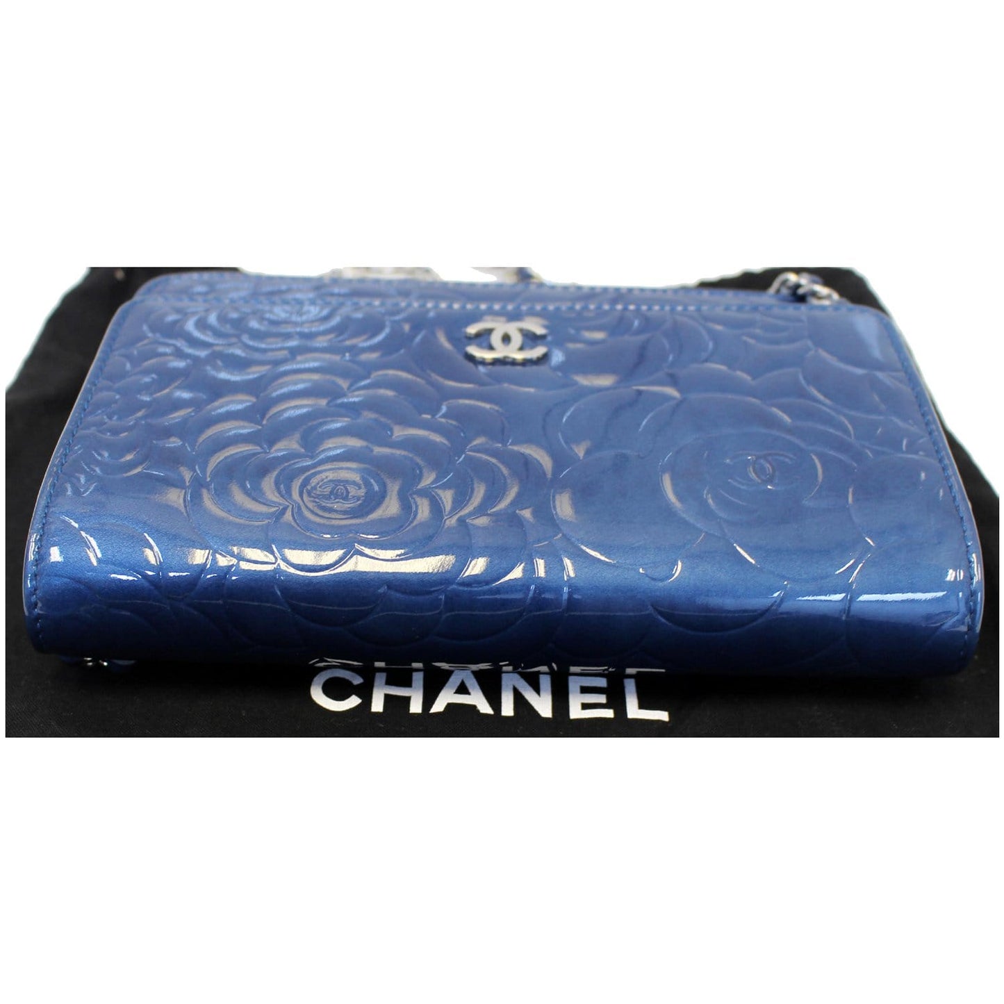 CHANEL Camellia Patent Leather Wallet on Chain WOC Royal Blue