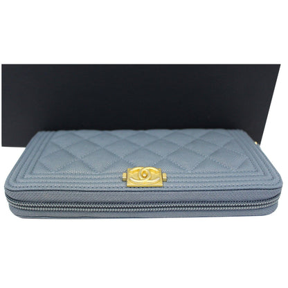 CHANEL Small Boy Long Caviar Leather Zip Around Wallet Blue