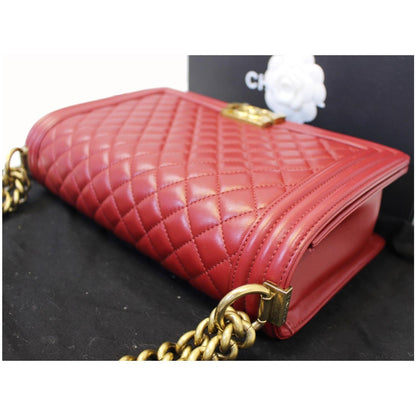 CHANEL Medium Boy Flap Lambskin Leather Shoulder Bag Red