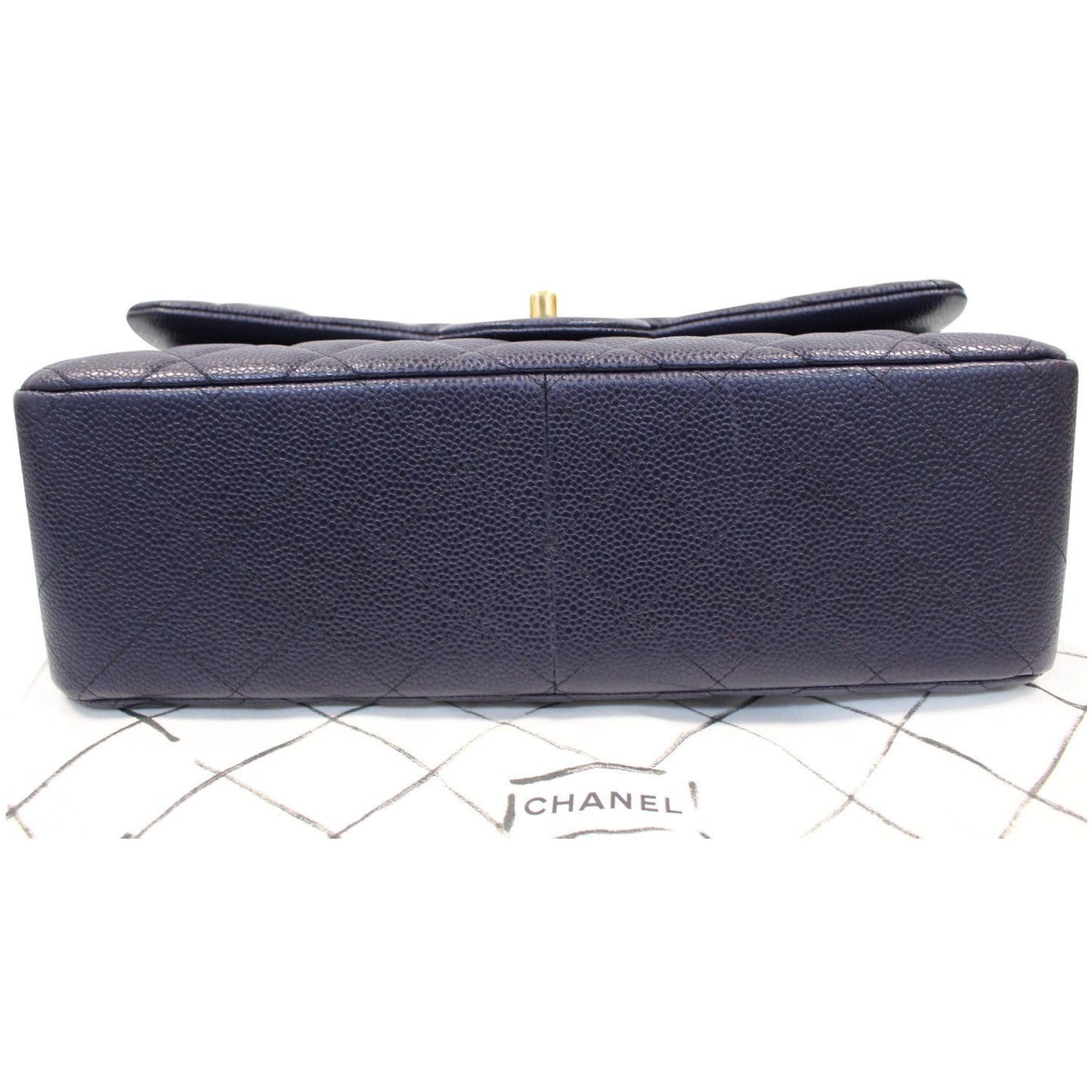 CHANEL Jumbo Double Flap Caviar Leather Shoulder Bag Navy Blue