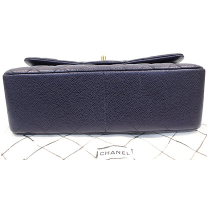 CHANEL Jumbo Double Flap Caviar Leather Shoulder Bag Navy Blue