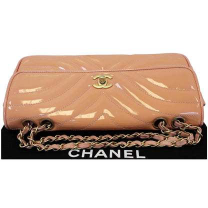 CHANEL Patent Leather Flap Shoulder Bag Peach
