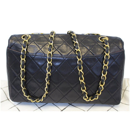 CHANEL Vintage Quilted Lambskin Leather Line Flap Bag Black