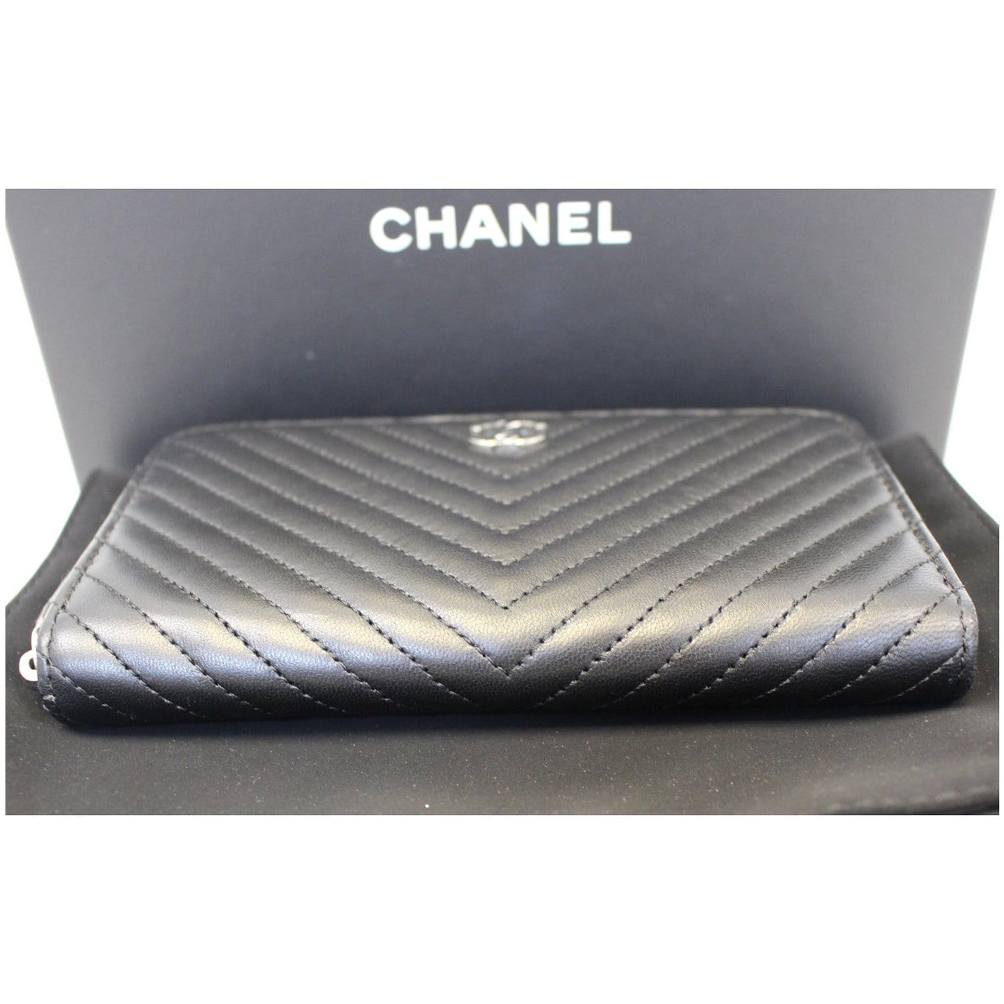 CHANEL Lambskin Chevron Zip Around Wallet Black