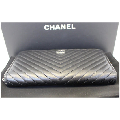 CHANEL Lambskin Chevron Zip Around Wallet Black
