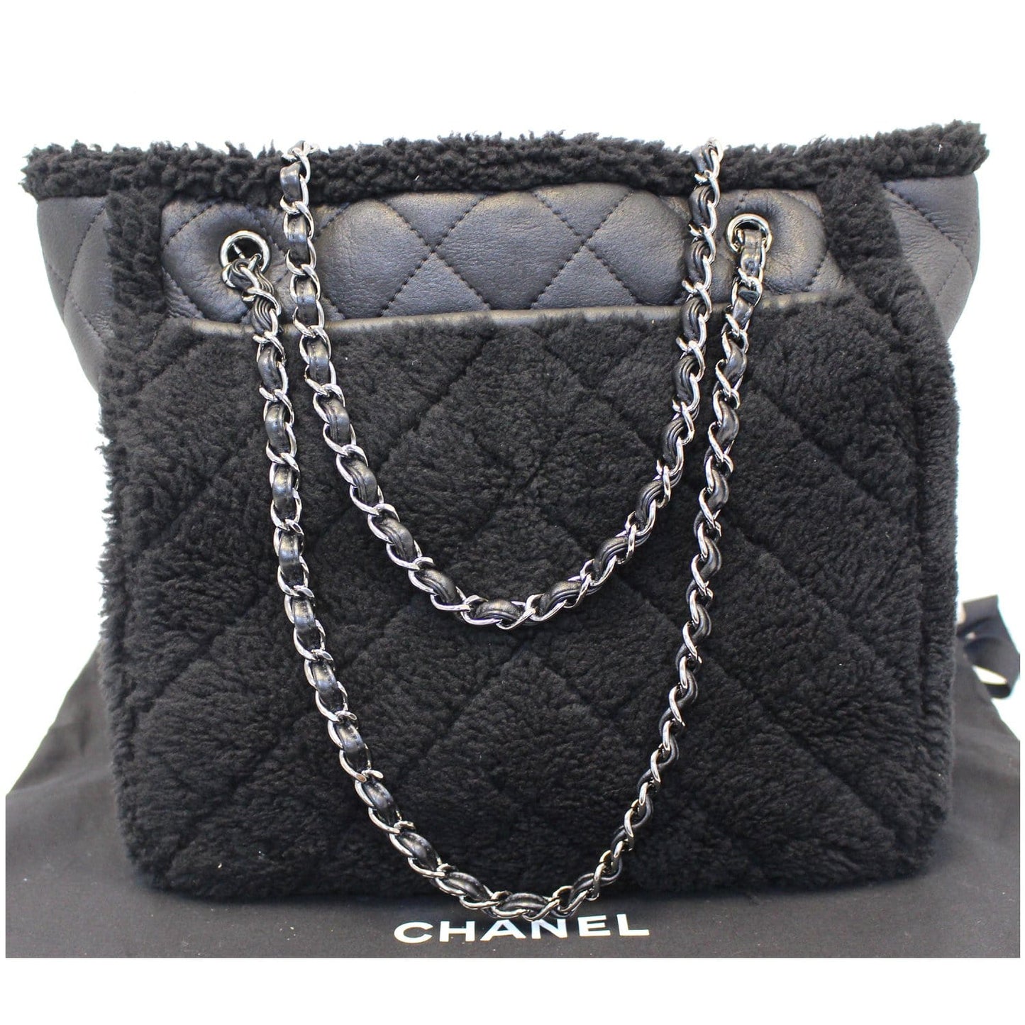 CHANEL Cozy CC Shearling and Lambskin Tote Bag Black