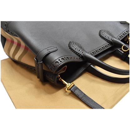 BURBERRY Large Banner Calfskin House Check Leather Tote Shoulder Bag Black