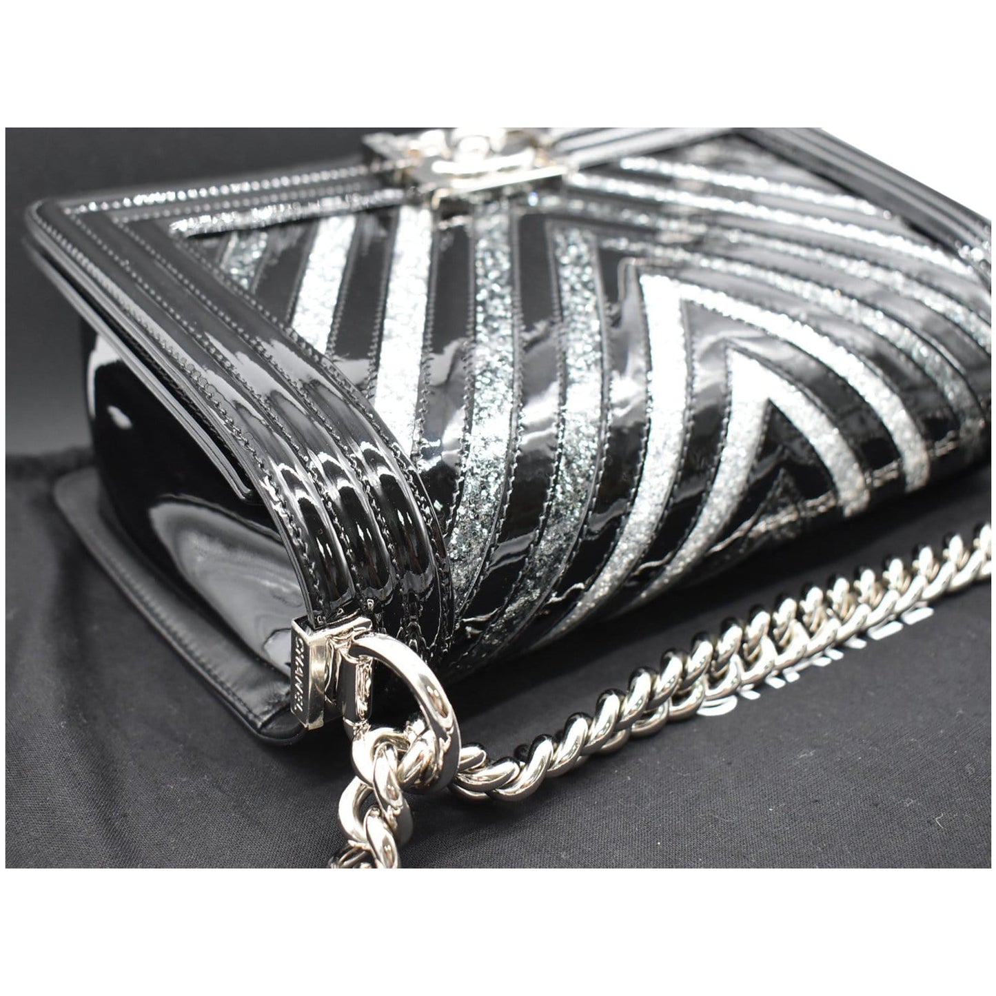 CHANEL Medium Boy Chevron Patent Glitter PVC Shoulder Bag Black