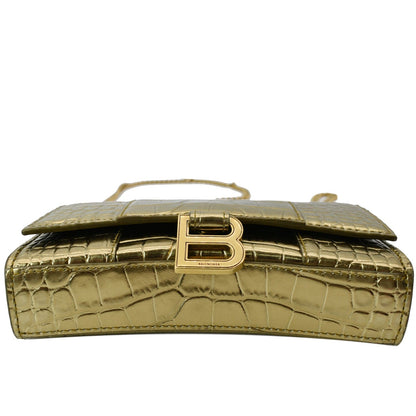 BALENCIAGA Hourglass Metallized Crocodile Embossed Wallet on Chain Crossbody Bag Gold