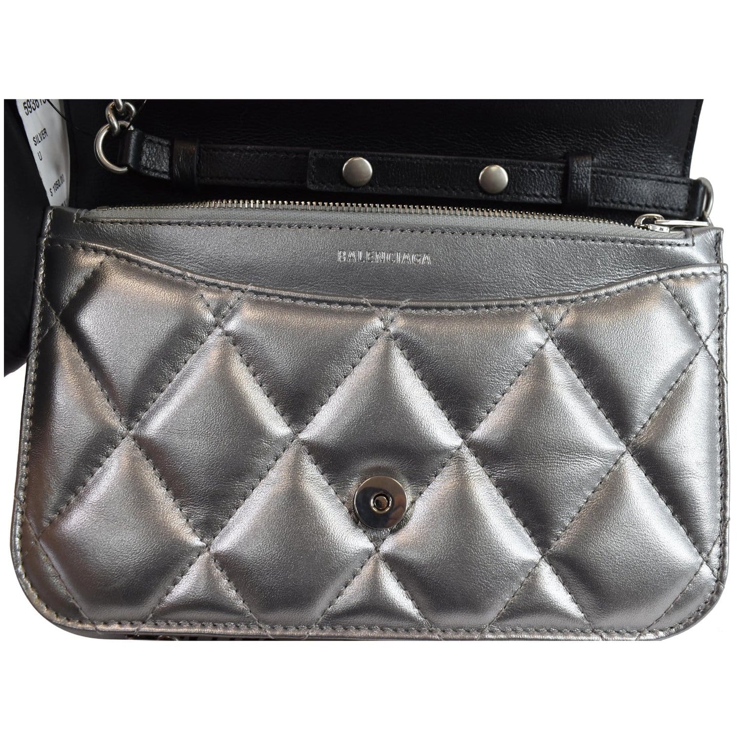 BALENCIAGA B Quilted Leather Wallet On Chain Crossbody Bag Silver - Last Call