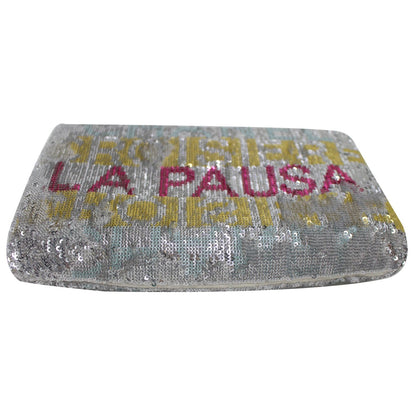 CHANEL La Pausa Embroidered Satin Sequin Clutch Bag Silver