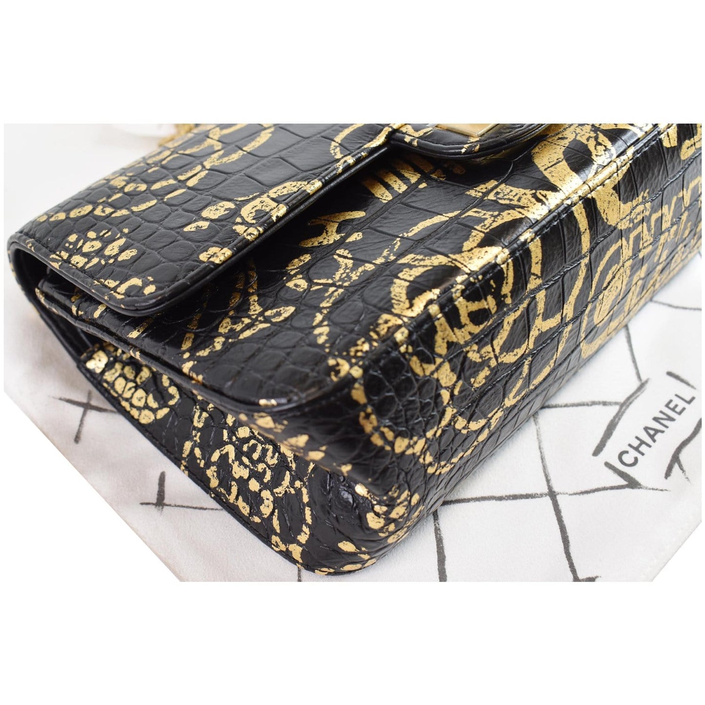 CHANEL Reissue 2.55 Flap Crocodile Embossed Graffiti Shoulder Bag Black