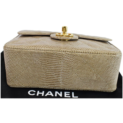 CHANEL Vintage Mini Square Flap Lizard Shoulder Bag Beige/Gold