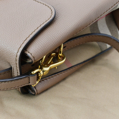 BURBERRY Medium Grainy House Check Leather Tote Shoulder Bag Dark Sand