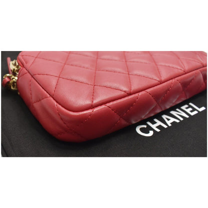CHANEL Double Zip Wallet On Chain WOC Lambskin Shoulder Bag Red