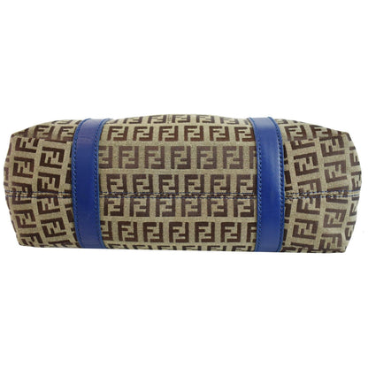 FENDI Zucchino Print Canvas Leather Tote Bag Blue/Brown