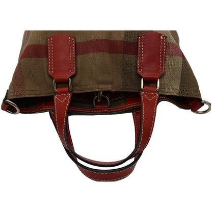 BURBERRY Susanna Medium Check Canvas Leather Bucket Shoulder Bag Red
