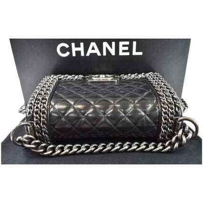 CHANEL Small Boy Embellished Chain Lambskin Shoulder Bag Black