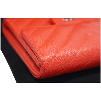 CHANEL Small Chevron Quilted Caviar Compact Flap Wallet Red