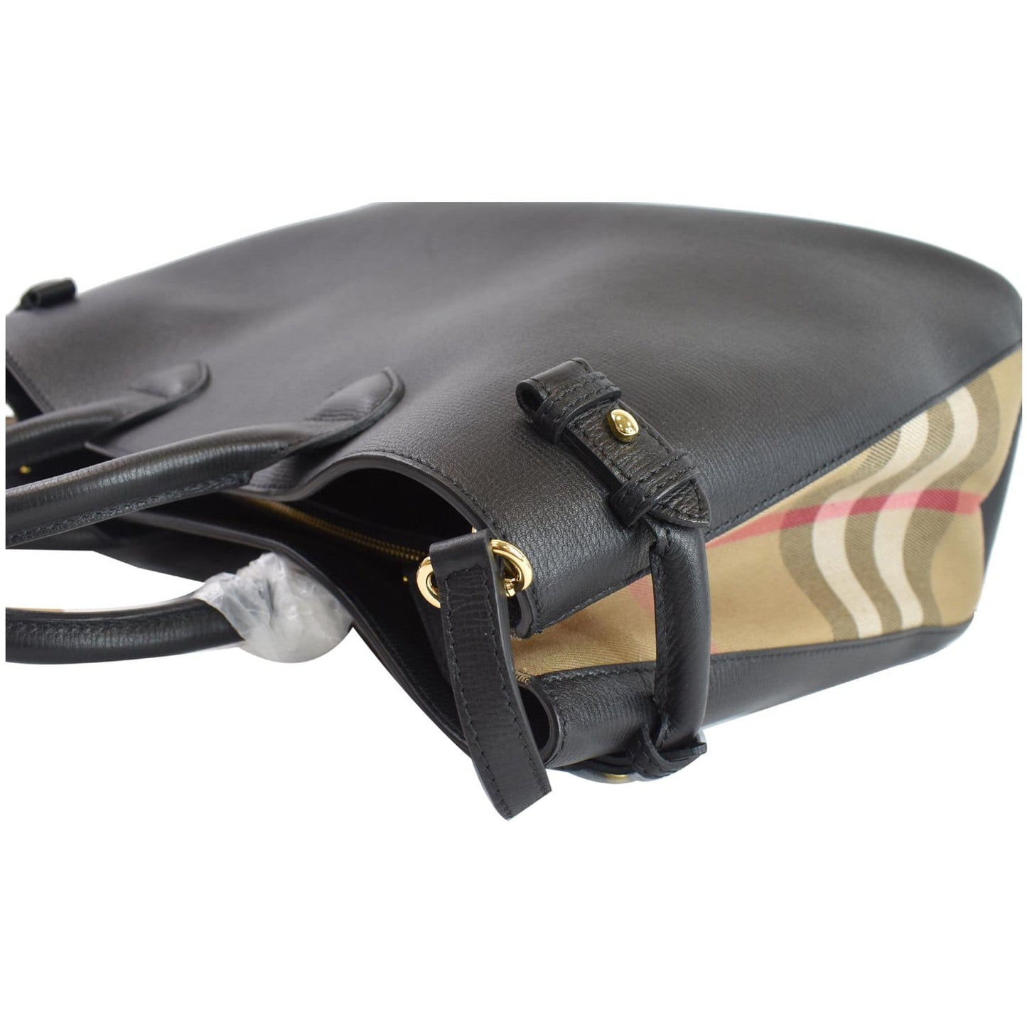 BURBERRY Large Banner House Check Leather  Tote Shoulder Bag Black