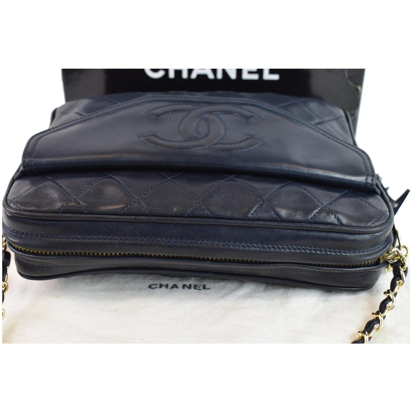 CHANEL Vintage Front Pocket Lambskin Leather Camera Bag Blue