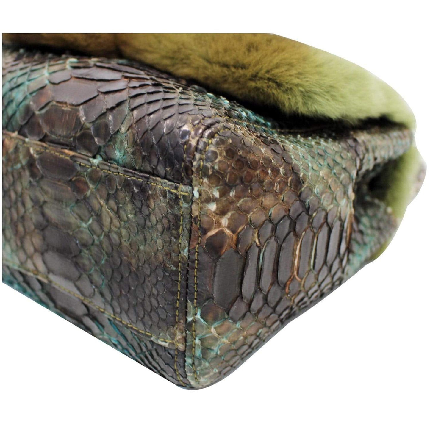 CHANEL Jumbo Classic Fur and Python Leather Flap Shoulder Bag Green - 25% OFF