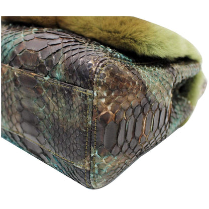 CHANEL Jumbo Classic Fur and Python Leather Flap Shoulder Bag Green - 25% OFF