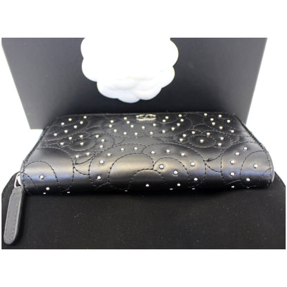 CHANEL Camellia Long Zippy studded Wallet Black