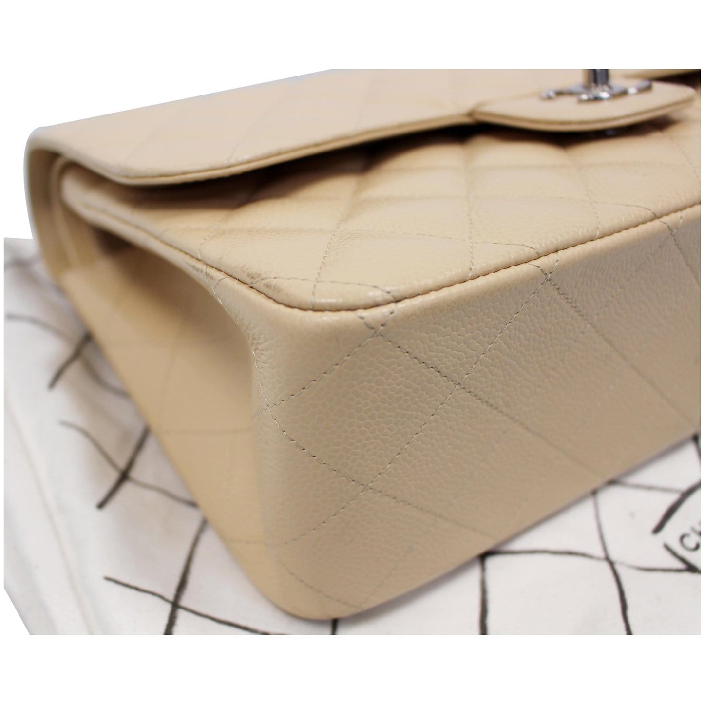 CHANEL Jumbo Double Flap Caviar Leather Shoulder Bag Beige