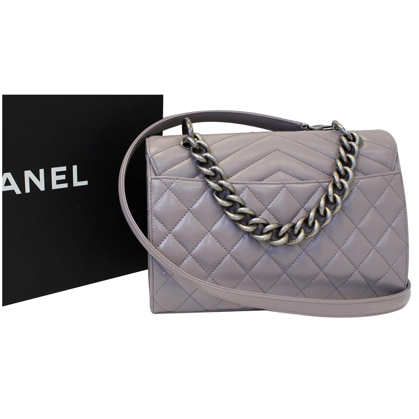 CHANEL Quilted Sheepskin Flap Bag with Handle Lilac