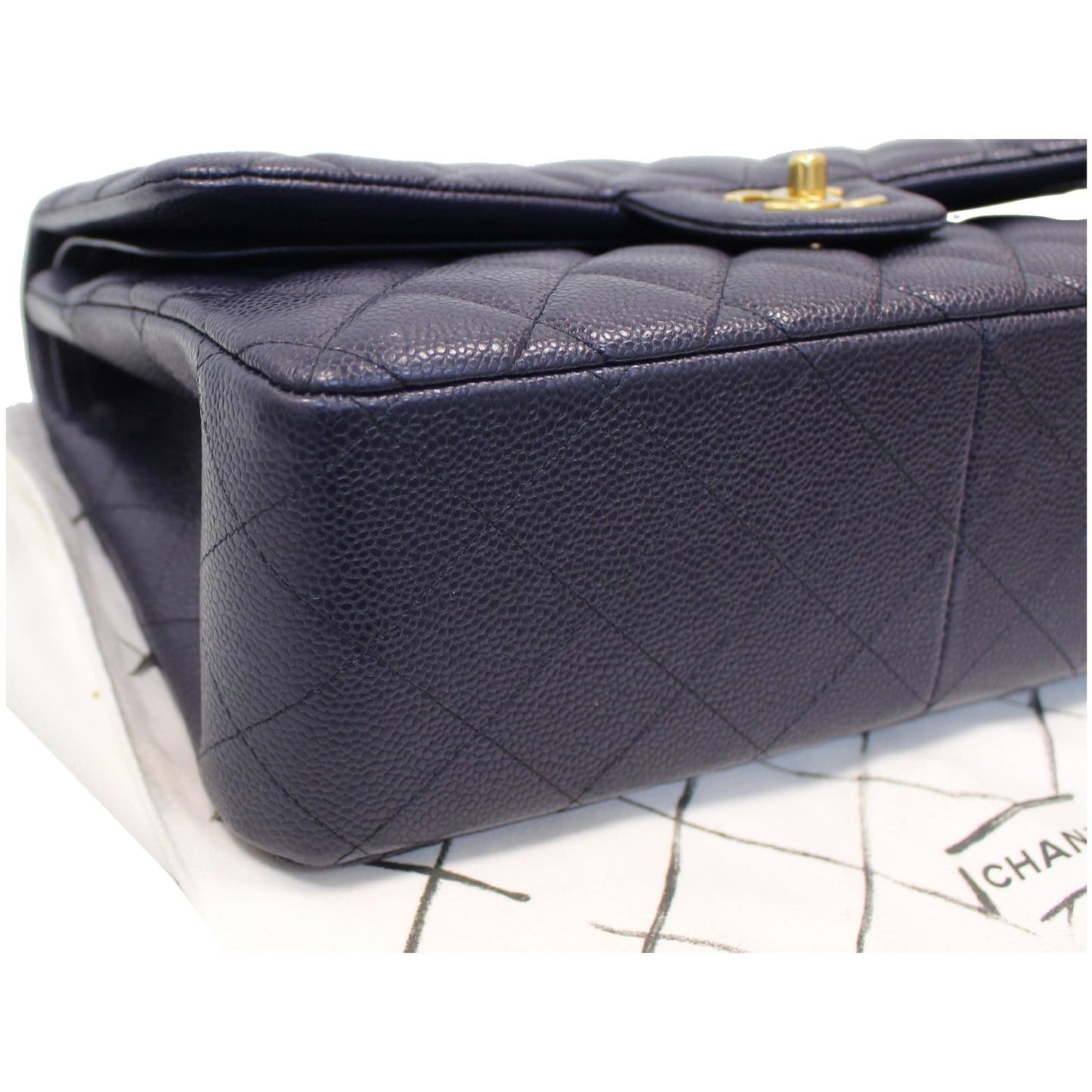 CHANEL Jumbo Double Flap Caviar Leather Shoulder Bag Navy Blue