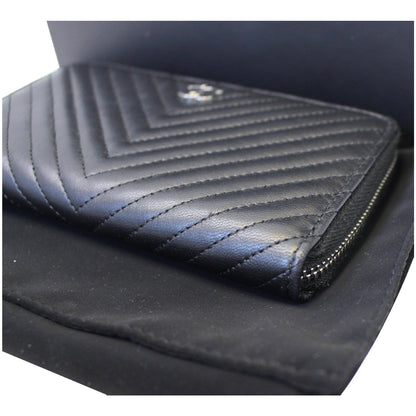 CHANEL Lambskin Chevron Zip Around Wallet Black