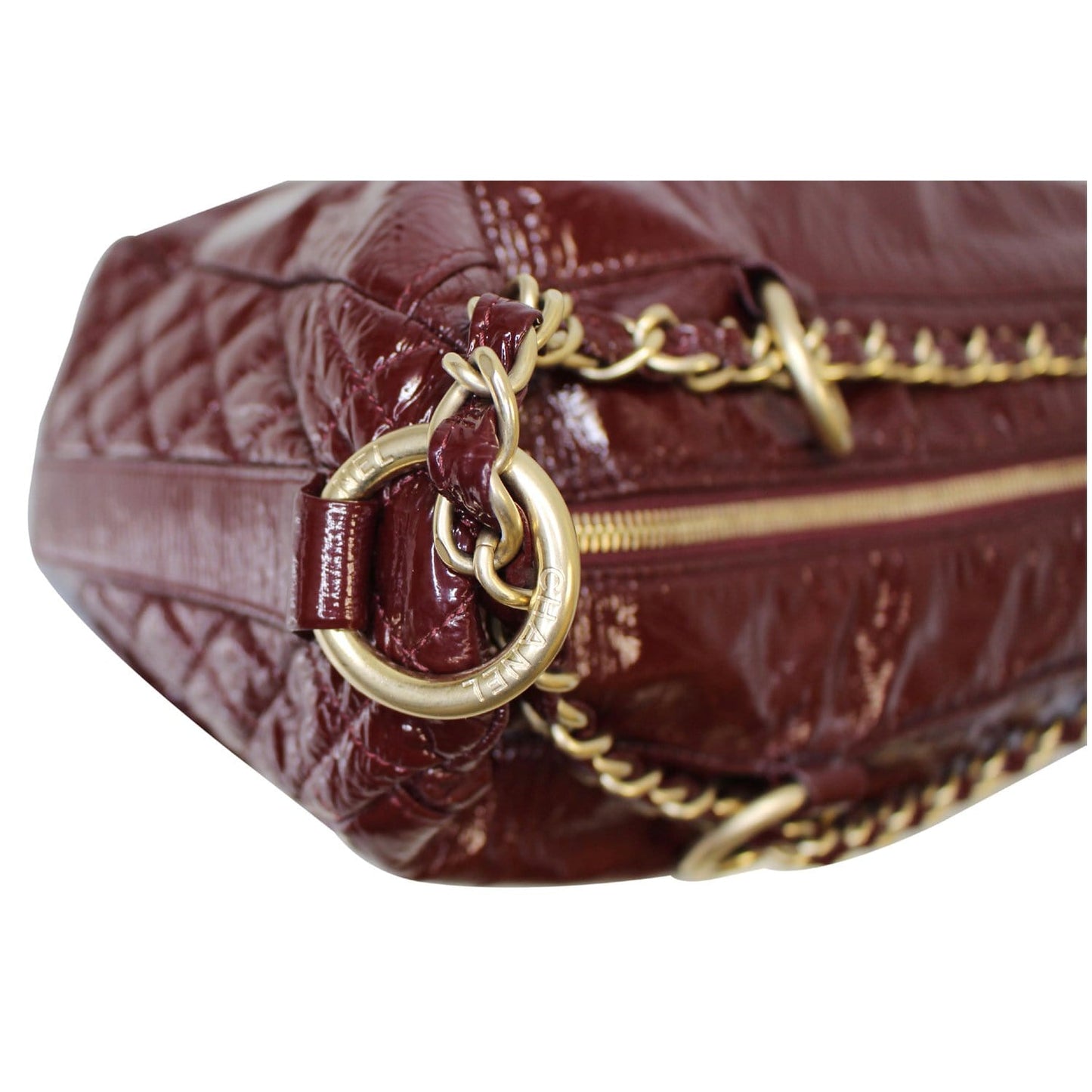 CHANEL Rock & Chain Patent Vinyl Bowler Shoulder Bag Red