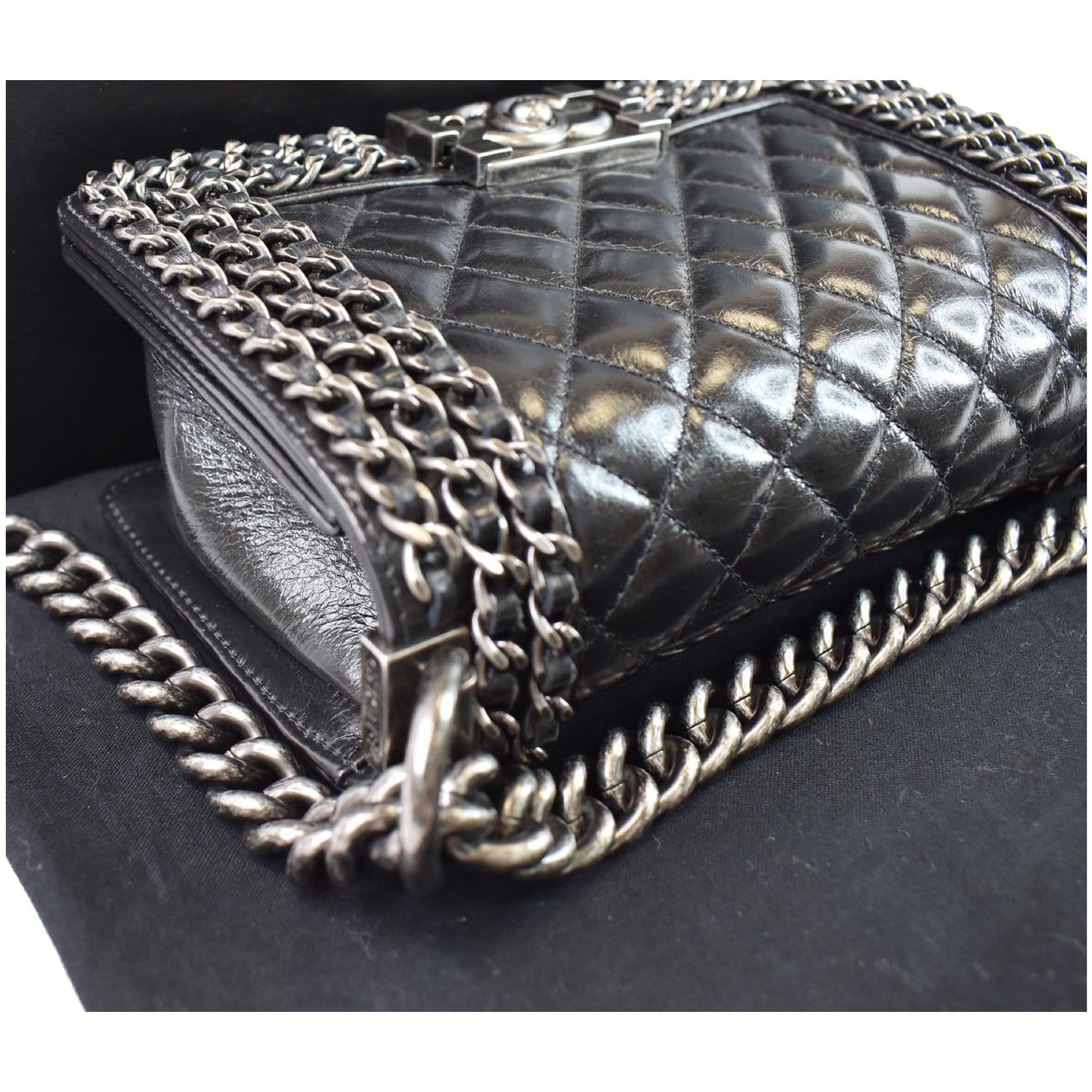CHANEL Small Boy Embellished Chain Lambskin Shoulder Bag Black