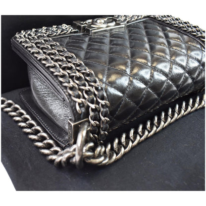 CHANEL Small Boy Embellished Chain Lambskin Shoulder Bag Black
