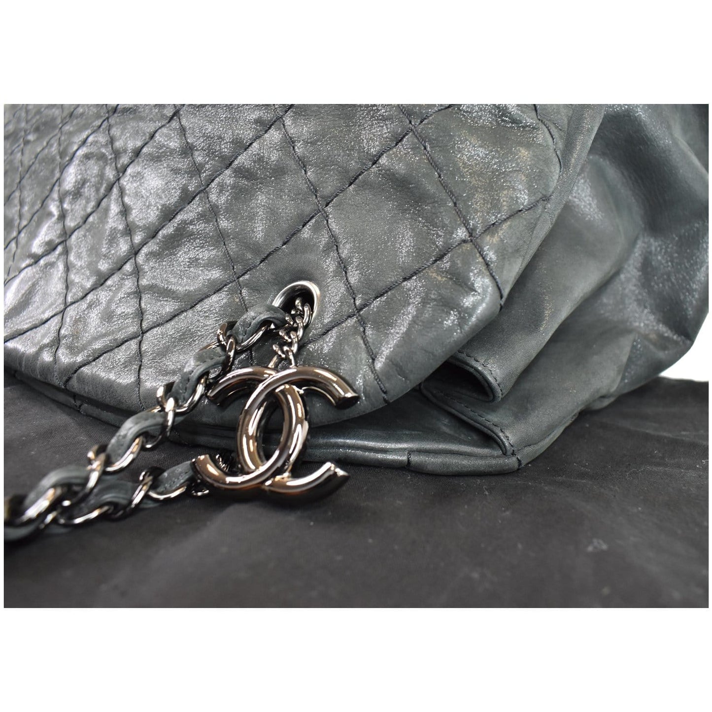 Chanel Just Mademoiselle Maxi Iridescent Leather Bowling Bag Black