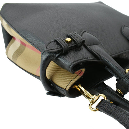 BURBERRY Derby Banner Small House Check Leather Tote Shoulder Bag Black