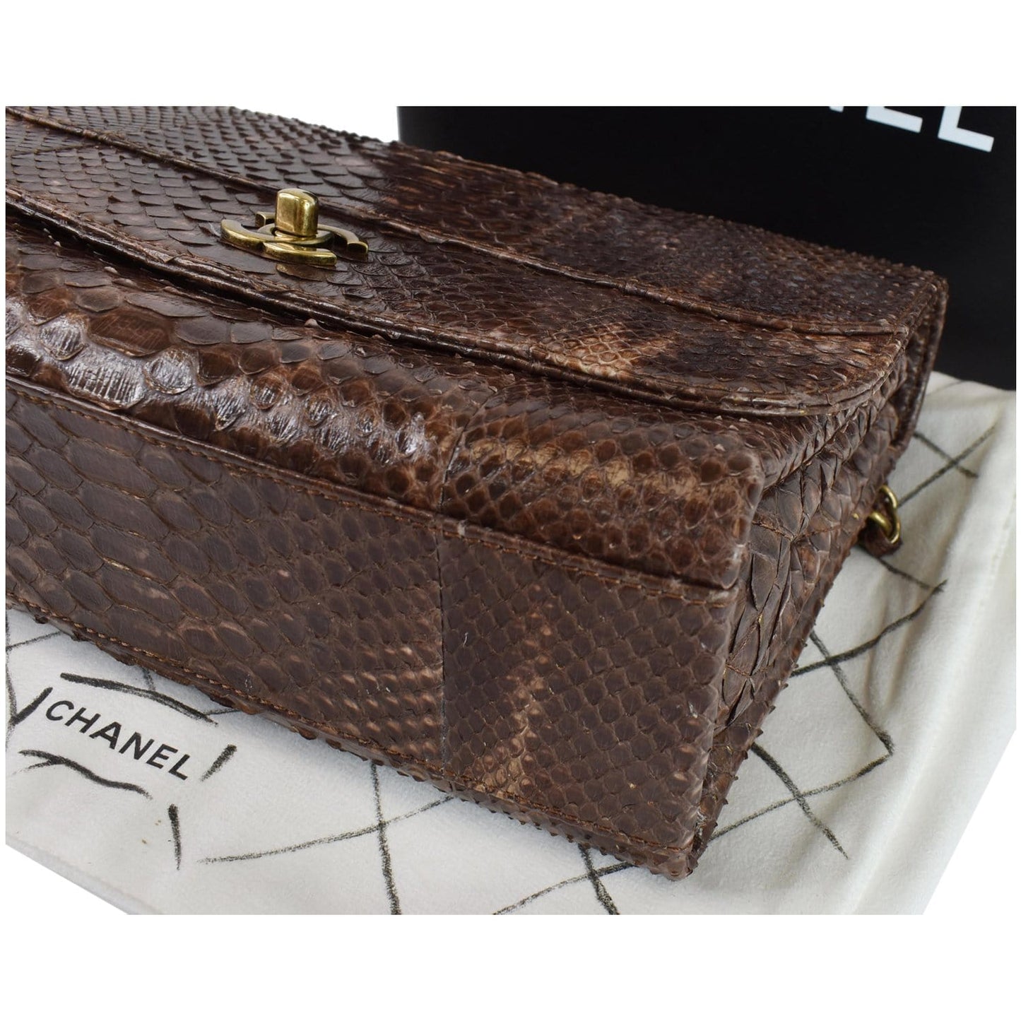 CHANEL Timeless Classic Flap Python Shoulder Bag Brown